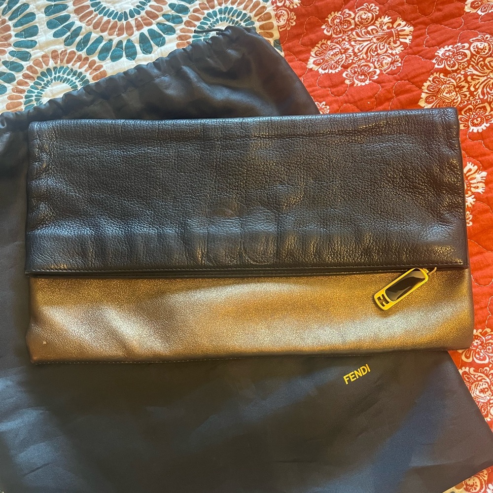 Fendi Black and Gold Fold-Over Leather Clutch